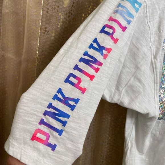 PINK Victoria’s Secret Watercolor Sequin Bling Oversized White T-Shirt, M - Picture 5 of 6